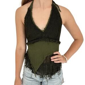Artsy Hippie Gauze Cotton Open Back Halter Festival Top Green‎ XS/S Boho Concert